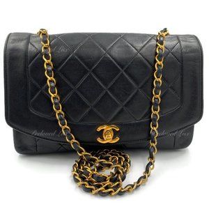 Authentic CHANEL Lambskin Medium Diana Single Chain Single Flap Bag Black gold h